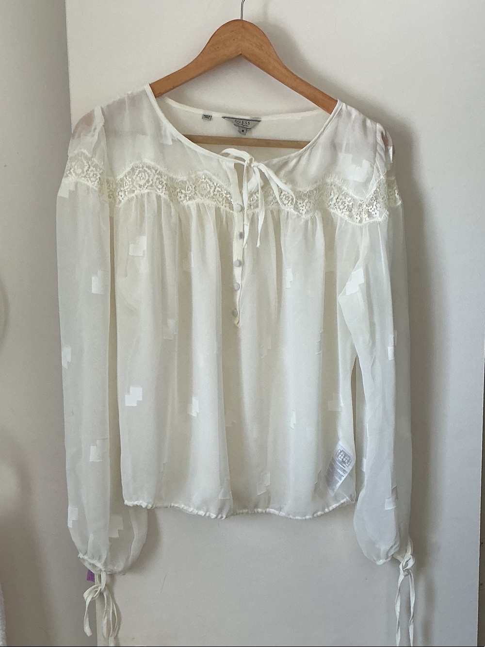GUESS Brand Cream Lace Yoke Peasant Blouse